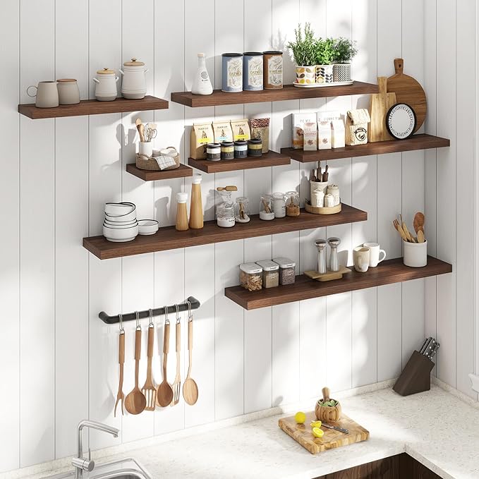 24 Inch Floating Shelves for Wall with Invisible Brackets Set of 2, 8"D Engineered Wood Wall Shelves with Wood Grain for Living Room, Bedroom, Bathroom, Kitchen Decor and Storage, Walnut Finish