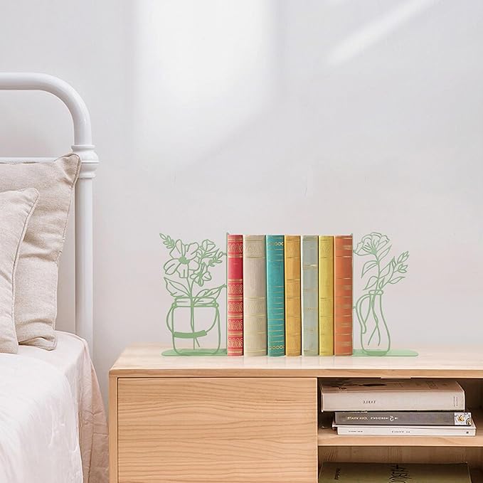 Flower Vase Bookends, Metal Decorative BookEnds for Shelves Cute Book Ends for Office Home Decor, Ideal Gift for Book Lovers (Green)