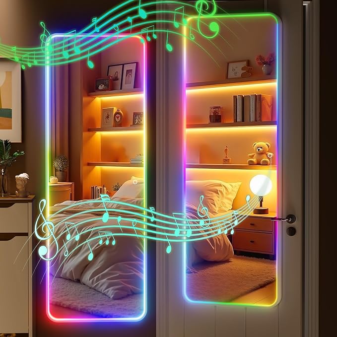 Hasipu 51"x18" LED RGB Door Mirror Full Length with Bluetooth Speaker, Full Body Full Length Over The Door Mirror with Lights, Door Hanging & Wall Mounted Mirror for Bedroom, Living Room, Cloakroom