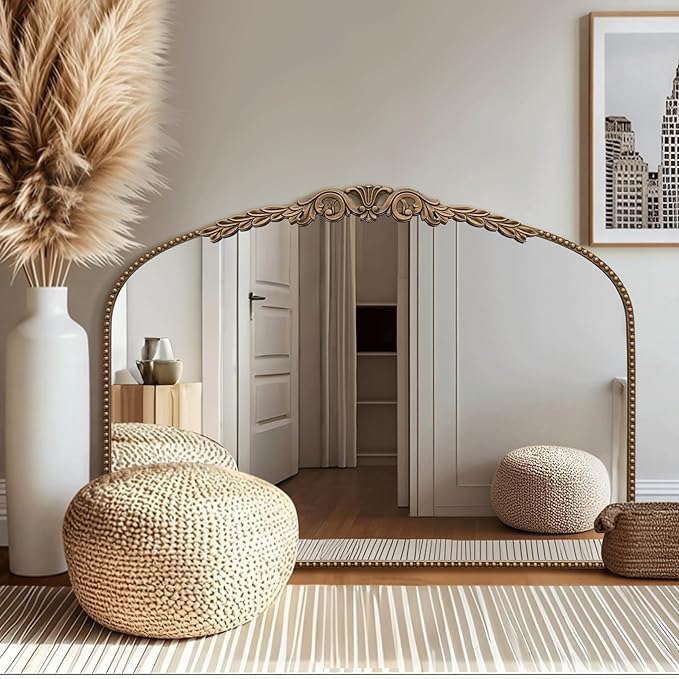 Besdomus Gold Large Arched Mirror: 40"x29" French Baroque Vintage Mirror - Traditional Ornate Antique Mirrors for Wall/Mantel/Bedroom/Entryway/Bathroom/Hallway - Home Decor for Fashion-Conscious