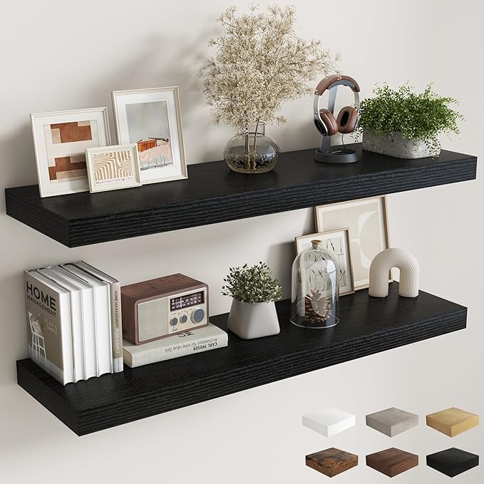 Fun Memories 12 Inch Deep Floating Shelves, 48 x 12 Floating Shelves for Wall Set of 2, Extra Deeper Hanging Wood Wall Shelves for Bedroom, Living Room, Kitchen, Black