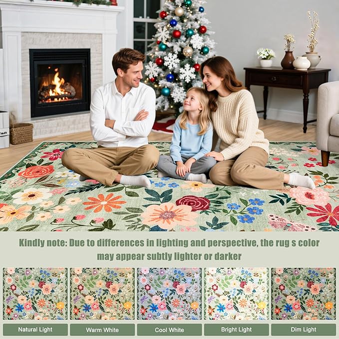 Round Area Rug for Living Room: 4 ft Floral Washable Circle Rug Soft Boho Non-Slip Carpet Indoor Stain Resistant Low Pile Small Circular Rug for Bedroom Entryway Kitchen Nursery Home Office Green