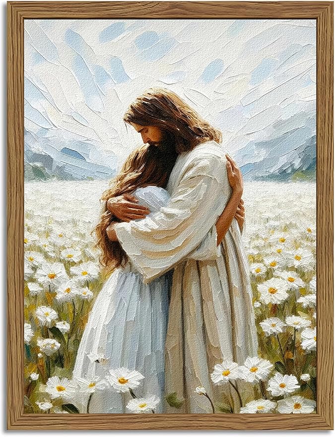 Framed 3D Textured Jesus Embracing Woman Wall Art, Jesus Hugging Woman Wall Decor Hand Drawn Sandstone Religious Christian Bible Painting Pictures for Bedroom Living Prayer Room 16x24 in Wood Framed