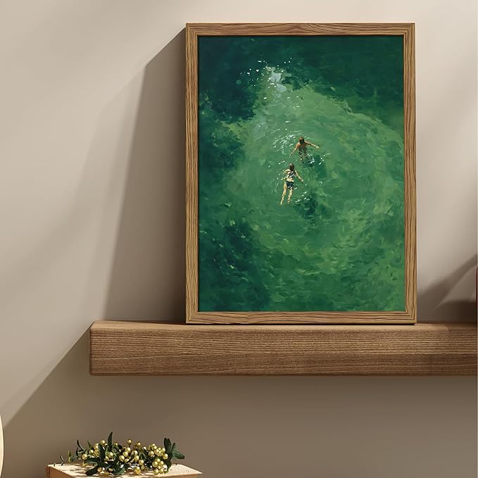 Framed Green Abstract Wall Art, Vintage Summer Swimming Canvas Wall Decor Painting, Minimalist Dark Green Water Landscape Poster Print Picture for Bathroom Bedroom Living Room 12x16 Inch