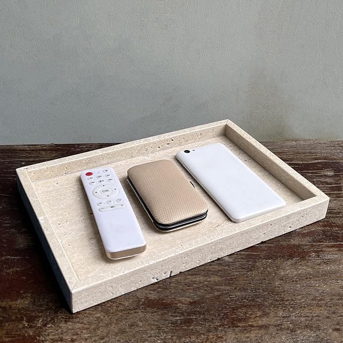 Natural Marble Vanity Tray, Cosmetics Towels Tray, Decorative Tray, Catchall Tray for Dresser Bathroom Kitchen (Beige Travertine, 11.8L x 7.87W x 1.18H)