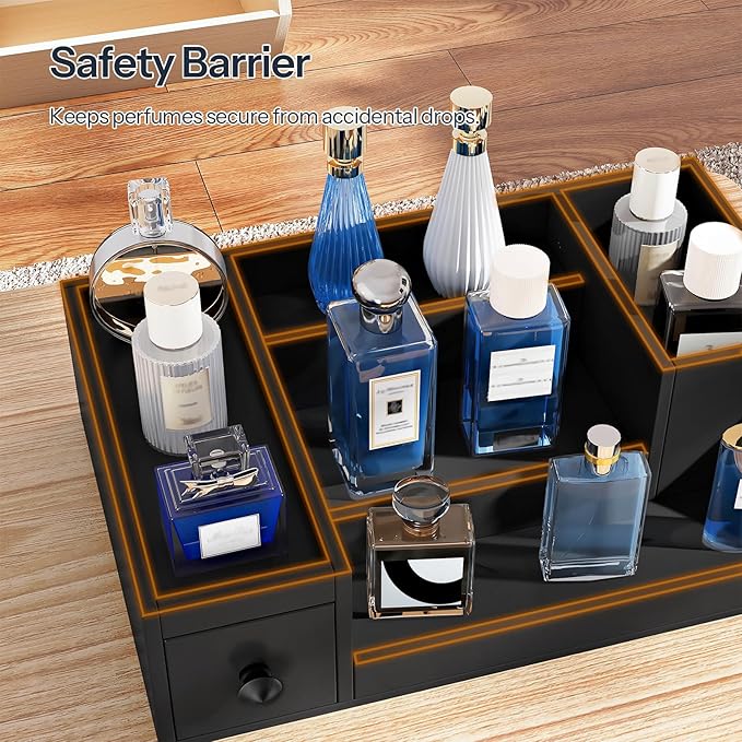HOOBRO Cologne Organizer for Men, 3 Tier Bamboo Perfume Organizer with Velvet-Lined Drawer and Hidden Compartment, Wooden Perfume Display Holder, Ideal Gift for Boyfriend, Dad, Black BK29CJ01