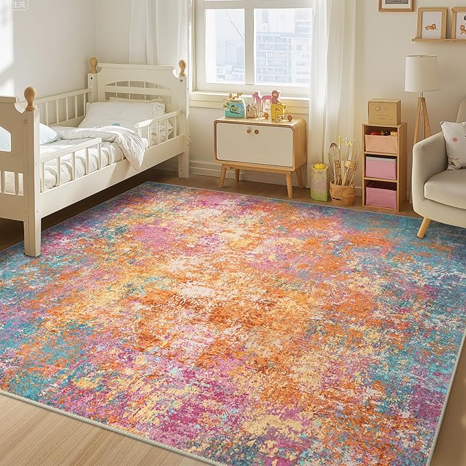 RELEANY Washable Area Rugs 10'x14 Non-Slip Modern Abstract Soft for Living Room Entryway Bedroom Nursery, Print Pattern, Orange Blue Pink Yellow Colorful
