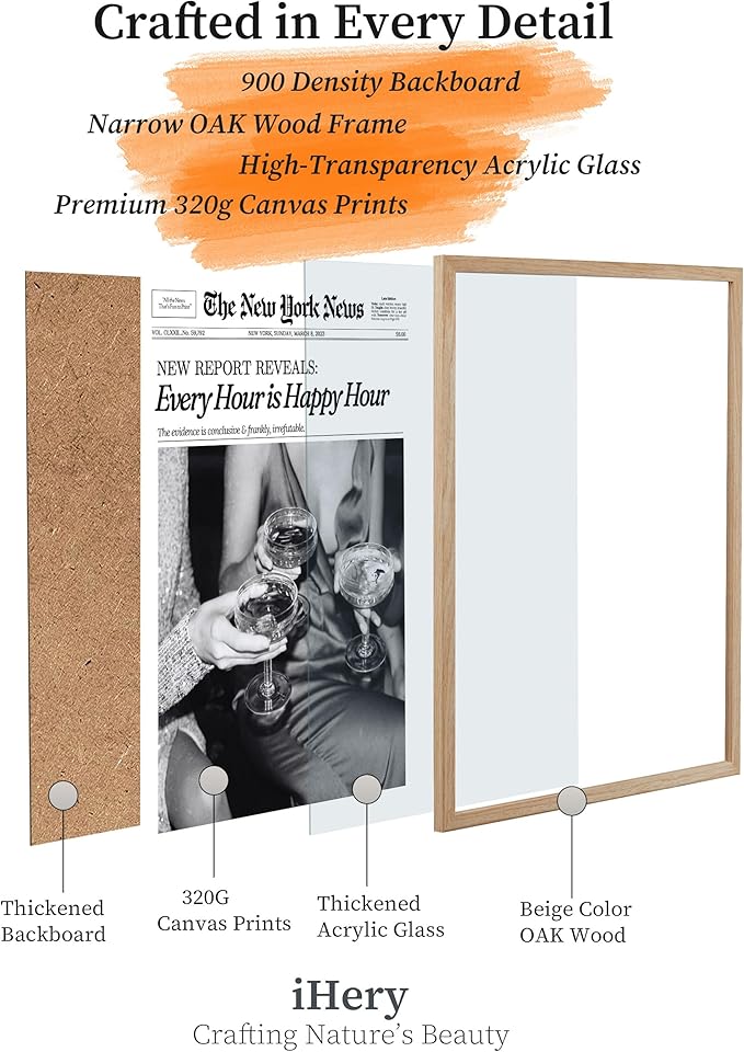 iHery Every Hour is Happy Hour Framed Trendy NewsPaper Wall Art, Natural OAK Wood Large 16x20in Canvas Wall Decor For Bedroom, Retro New York News Prints for Girl Dorm Living Room Home 1Pack