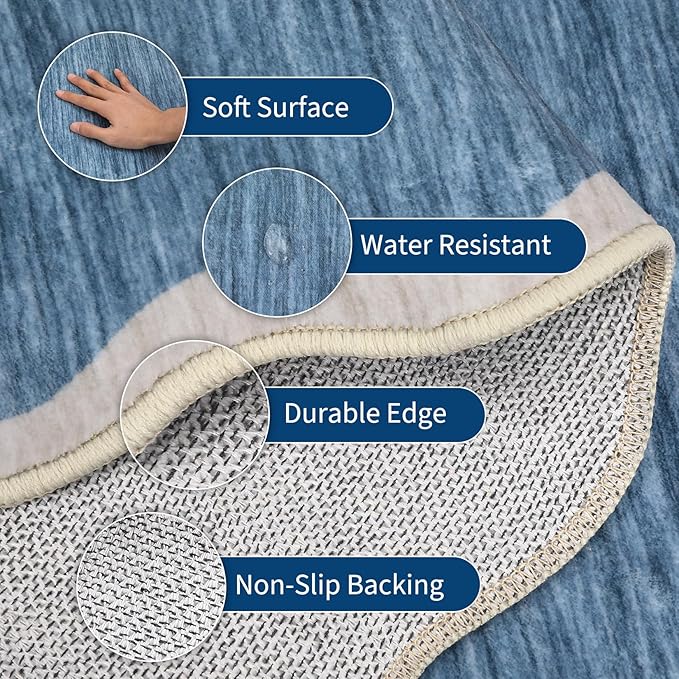 GarveeHome Scalloped Washable Area Rug 6 x 9 Rugs for Living Room Modern Blue Rug Non Slip Throw Rugs Distressed Large Bedroom Rug Low Pile Stain Resistant Carpet for Dining Room Nursery 6'x9' Blue