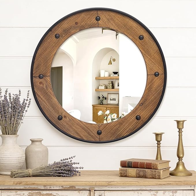 Rustic Round Wall Mirror 30 Inch, Natural Wood Frame with Black Metal Trim, Industrial Farmhouse Round Wood Mirror, Decorative Wall Mirror for Bathroom, Living Room, Entryway
