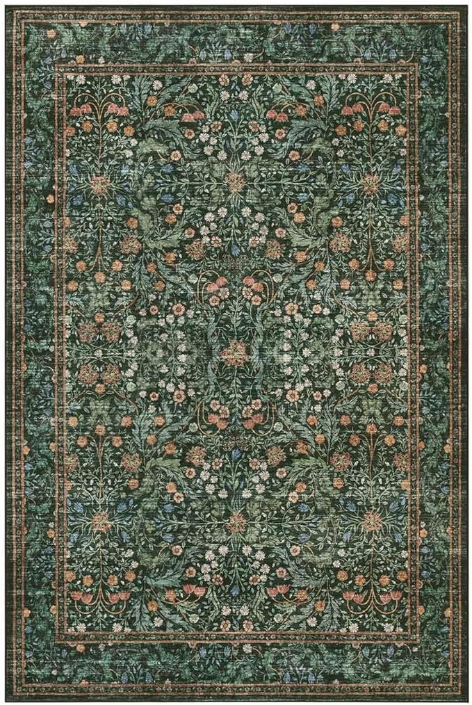 Rugxara 4x6 Area Rugs for Living Room Bedroom, Large Washable Rug, Green Vintage Floral Boho Rug, Non Slip & Low Pile Wool Accent Carpet for Indoor Dining Room, Kids Room and Office(Green 4x6ft)