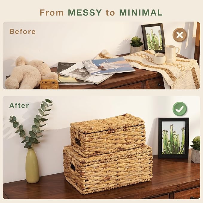 Set of 2 Wicker Baskets with Lid - Decorative Storage Boxes for Home Decor, Shelves - Woven Basket with Lid - Wicker Decor - Rattan Box - Decorative Bins with Lids (Natural)