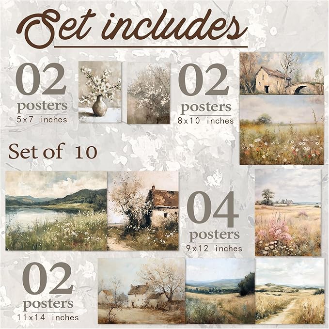 Aroutde 10Pcs French Country Canvas Wall Decor Vintage Spring Farmhouse Art Prints Floral Botanical Pictures Landscape Printing for Home Bedroom Decor (Unframed)