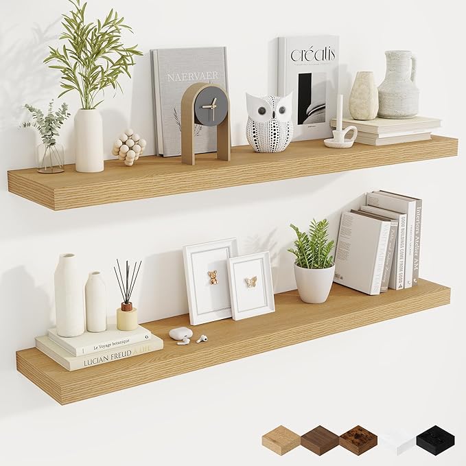 Fun Memories 48 Inch Oak Floating Shelves, 9.3 Inch Deep Wall Shelves for Living Room|Bedroom|Kitchen, Rusitc Wall Mounted Bathroom Shelves 2 Pack, Heavy-Duty Deep Shelf for Books，Decor