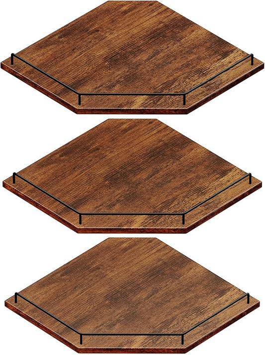 JJL Corner Shelf Wall Mounted, 12 Inches 3-Tier Floating Corner Shelf, Hexagon Rustic Wood Decor with Fence, Brown Storage Organizer for Apartment Bedroom Kitchen Bathroom