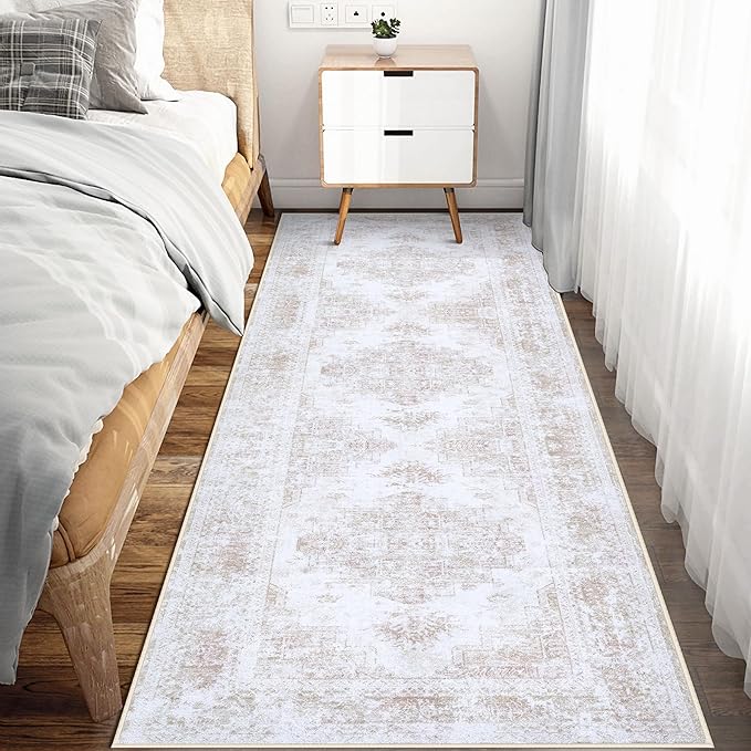 XLUEZ Runner Rug 2x6 Vintage Rugs, Machine Washable Kitchen Runner Retro Medallion Distressed Rug Non-Slip Soft Low Pile Hallway Rugs for Entryway Bedroom Bathroom Laundry(Beige,2'x6')