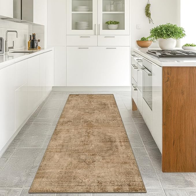 Farmhouse Kitchen Runners Rug 2x6, Washable Medallion Rug for Bathroom, Hallway, Entryway Indoor, Abstract Vintage Indoor Décor, Non Slip Rubber Backing, Stain Resistant Carpet (Gold Brown)