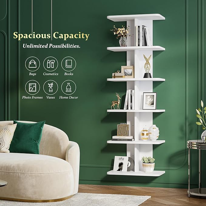 REIBII 6 Tier Floating Shelves, Vertical Column White Wall Shelves for Home Decor, Wall Shelf for Vanity, Bedroom, Living Room, Office