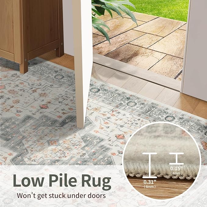 Rugxara 8x10 Washable Area Rug for Living Room, Vintage Neutral Extra Large Boho Rugs for Office, Kids Room, Farmhouse, Durable Low Pile Non Slip Carpet for High Traffic Areas, Taupe