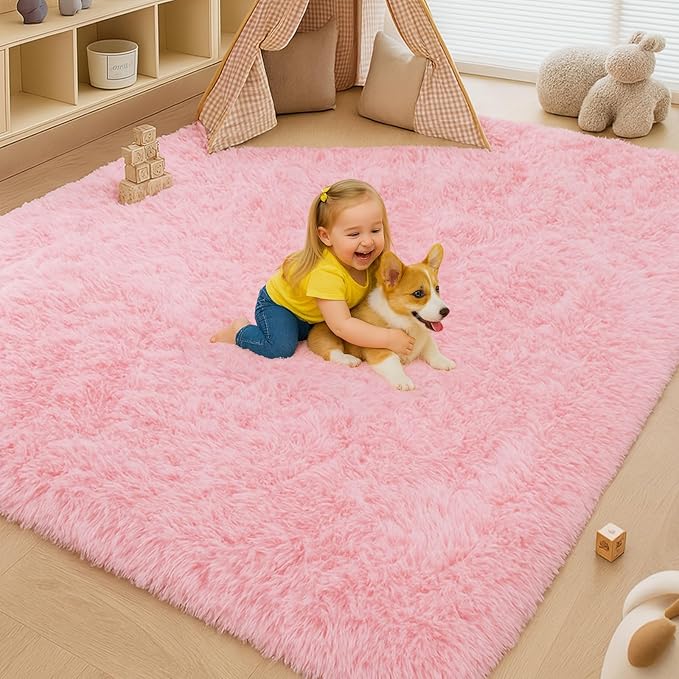 Large 9x12 Area Rug for Living Room, Soft Shag Rugs for Bedroom, Non-Slip Ultra Fluffy Rug,Modern Plush Carpet for Girls Boys Kids Room Dorm,Fuzzy Rug for Home Decor Aesthetic,Pink
