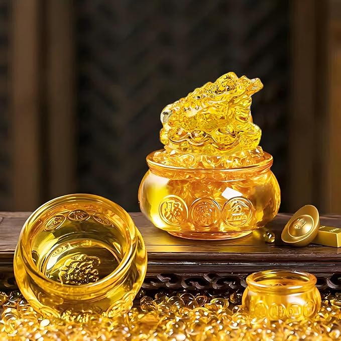 Golden Treasure Basin Feng Shui Money Toad and About 30 PCS Ingot Yuan Bao, 3in Crystal Glass Treasure Basin, 2in Lucky Golden Toad Ideal Adornment for Attracting Wealth, Office Home Decor (with Box)