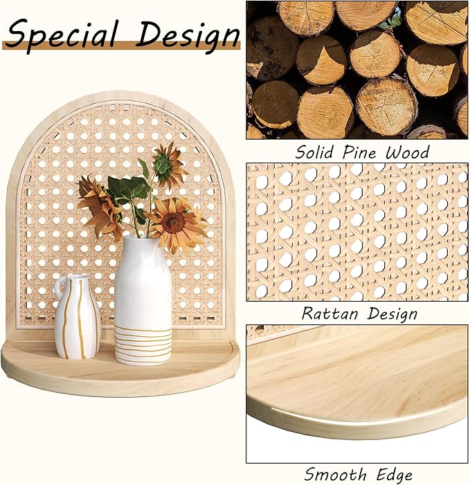Arched Rattan Wall Shelf - Boho Rattan Floating Shelf with Grooved Edge, Unique Small Display Shelves, Natural Pine Wood Wall Decor for Bedroom, Living Room, Nursery Room, Set of 2, Natural