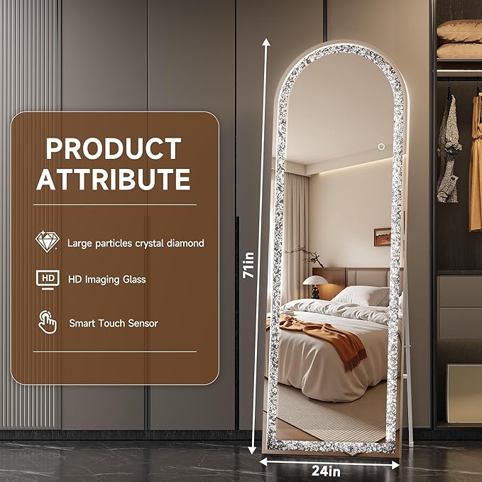 71"×24" Full-Length Mirror with Lights- Arch Crystal Crush Diamond Wall Mounted Hanging Diamond Mirror Leaning for Living Room Bedroom
