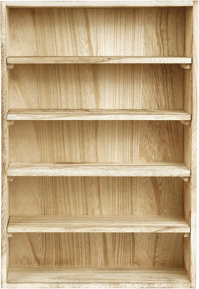 Ikee Design Wooden Wall-Mounted Display Shelves Rack for Collectibles-Figures,Shot Glasses, Spice Can,Cosmetics or Perfume-5 Adjustable Height Shelves,Space-Saving,Oak Color