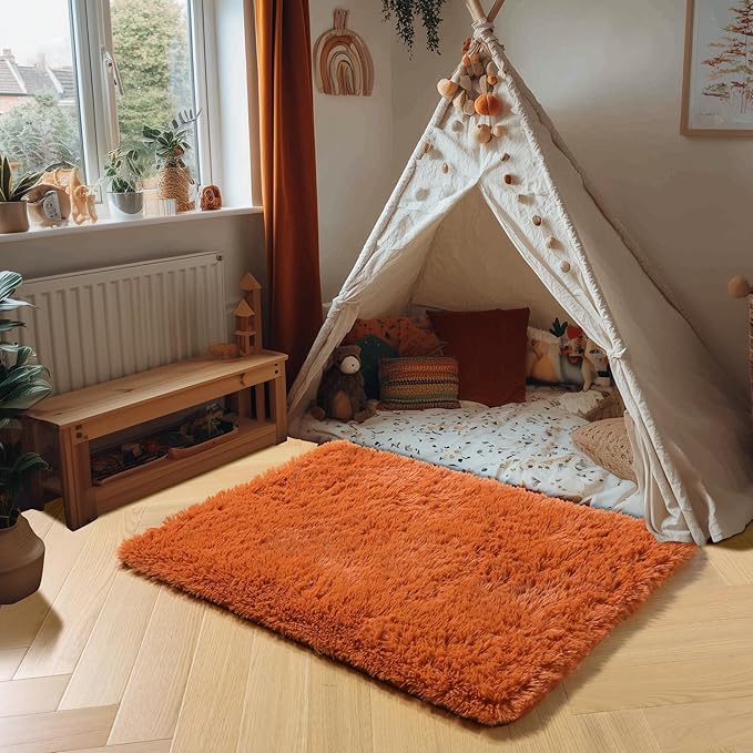 Amdrebio Burnt Orange 2x3 Small Area Rugs for Bedroom, Mini Fluffy Fuzzy Shaggy Furry Rug for Kids Room Decor Aesthetic, Cute Plush Shag Dark Orange Carpet for Door Entryway Nursery Dorm Classroom
