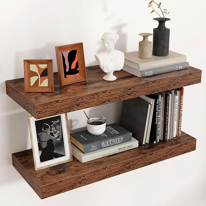 Venusmiles Floating Shelves for Wall, Engineered Wood Wall Shelves with Invisible Brackets for Living Room Bedroom Bathroom Office Kitchen Decor and Storage (Brown, 24" W x 9" D x 1.5" H) Set of 2