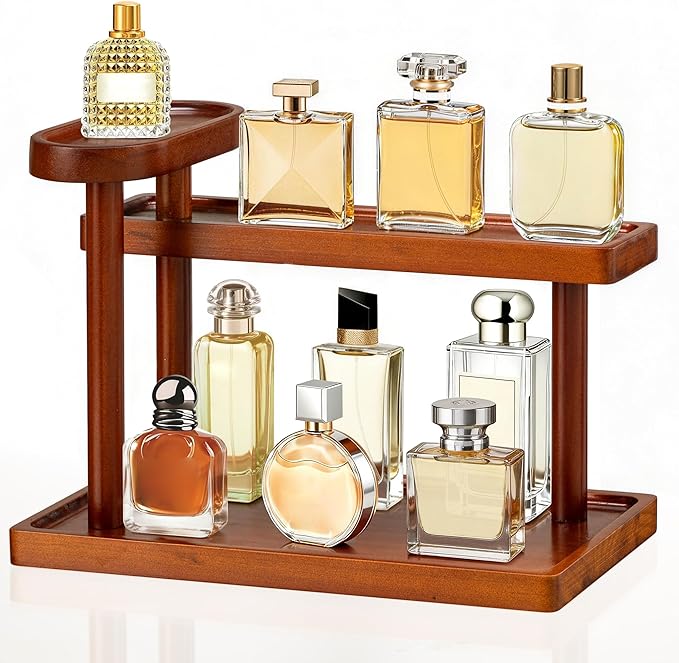 HBlife Cologne Organizer for Men, 12.5 Inch Cologne Stand for Men, Wooden Perfume Rack Display Shelf, 3-Tier Perfume Stand Organizer for Bedroom, Bathroom and Vanity, Ideal for Makeup Storage, Brown