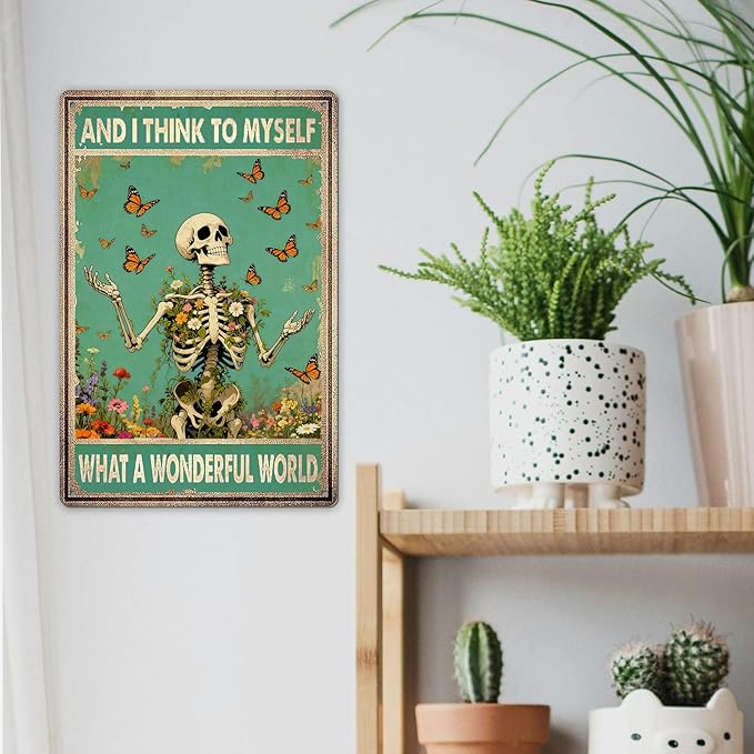 Retro Garden Metal Signs Vintage Skull Poster Wildflower Decor - And I Think To My Self What a Wonderful World Sign, Flowers Butterfly Wall Decor for Home, Garden, Bedroom, Living Room 8x12 Inch