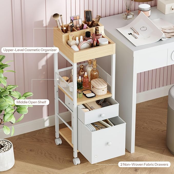 HOOBRO Jewelry Box with Mirror and Makeup Organizer Cart with Fabric Drawers Bundles, Jewelry Storage Case, Cosmetics Display Cases, for Earrings, Rings, Necklaces, Bracelets WT03JB04G2-WN19TC04