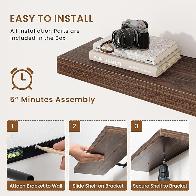 fuqing Floating Shelves for Wall, Wall Mounted Wood Floating Shelf with Invisible Brackets for Living Room, Bathroom, Bedroom, Kitchen Storage and Decor, 20 Inch Set of 2, Walnut