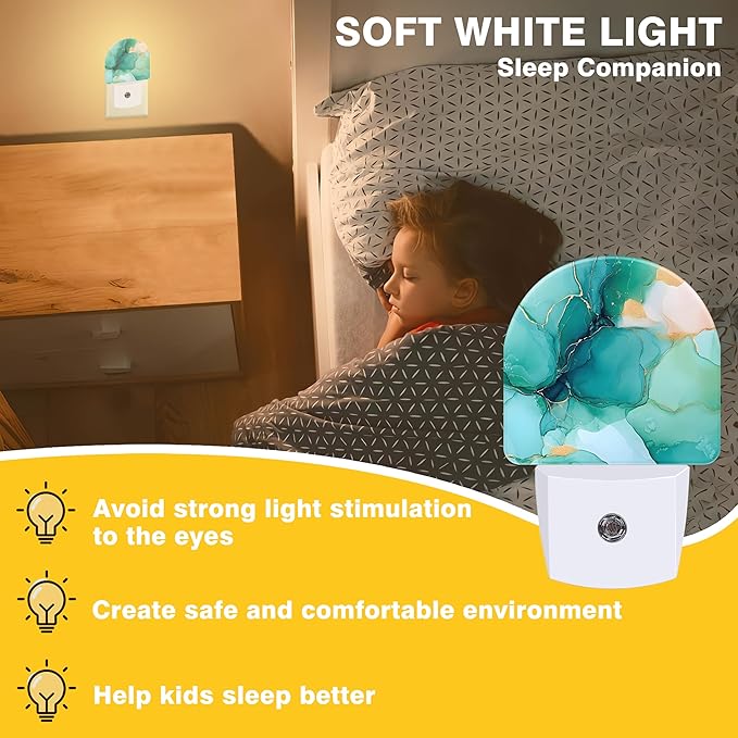 Night Light, Turquoise and Gold Marble Night Lights Plug into Wall Dusk to Dawn Sensor Round Nightlight for Women Men Energy Efficient Led Lamp 0.5W for Stairway Hallway Bedroom