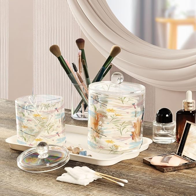 Watercolor Butterfly Flowers Soft Color Clear Plastic Makeup Organizer Storage with lid Dresser Essentials Decorative Dental floss storage jar for Cotton Swabs,Cotton Pads,Floss Picks,Paper