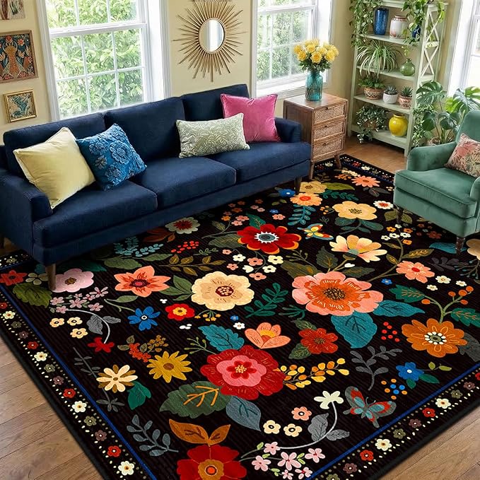 RELEANY Floral Nursery 8x10 Area Rugs Washable Print Boho Cute Carpet Non Slip Flower Low Pile for Living Room Kids Girls Playroom Bedroom Kitchen Office Farmhouse-Black