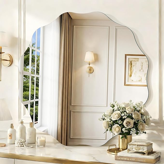 CILIBER Frameless Wavy Round Mirror, 30'' Scalloped Circle Wall Mirror, 3mm Tempered Glass Decorative Bathroom Vanity Mirror, Mounting/Leaning for Mantel, Living Room, Bedroom and Entryway