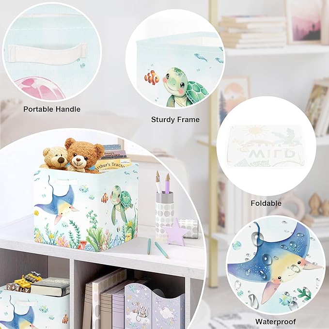 11.8" Marine Animals Cube Storage Organizer Set 3Pcs Ocean Sharks Turtles Cube Storage Bin for Bathroom/Bedroom Kid Book Toy Chest, Jellyfish