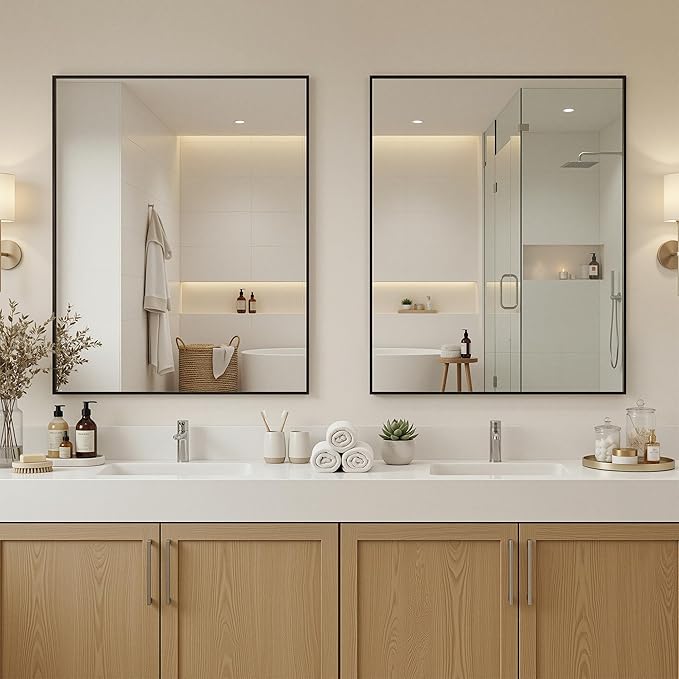 Antok 30x36 Black Metal Framed Bathroom Mirror, Wall Mirror with Rect Corners, Vanity Mirror for Over Sink, Anti-Rust Tempered Glass, Horizontal/Vertical Hanging for Bathroom, Living Room, Entryway