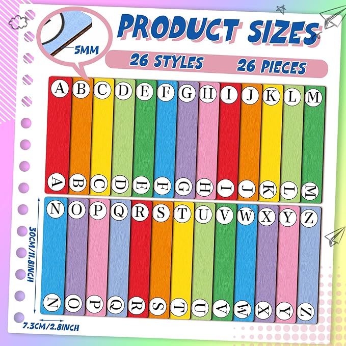 26 Pcs Library Alphabet Book Dividers Wooden Vinyl Record Organizer Separators 26 Alphabetical A-z Dividers Bookshelf Markers for Shelves Cds, Albums, Books(Colorful)