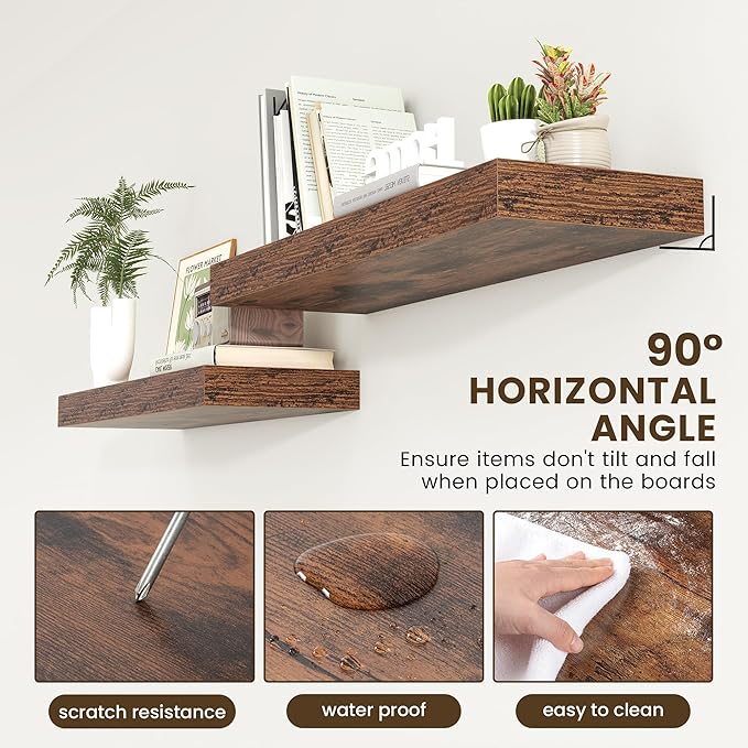 FLYJOE 12 Inch Deep Floating Shelves | 36 Inch Brown Floating Shelves | 36" W x 12" D Rustic Wood Shelves for Wall | Deep Brown Shelves for Living Room Bathroom Laundry Room Kitchen