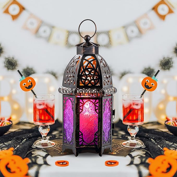 DECORKEY Halloween Decorations Indoor, Purple Decorative Candle Lantern for Moroccan Light Decor, 12.8’’ Vintage Metal Hanging&Tabletop Lantern, Ramadan Lantern for Home Outdoor Patio(Purple)
