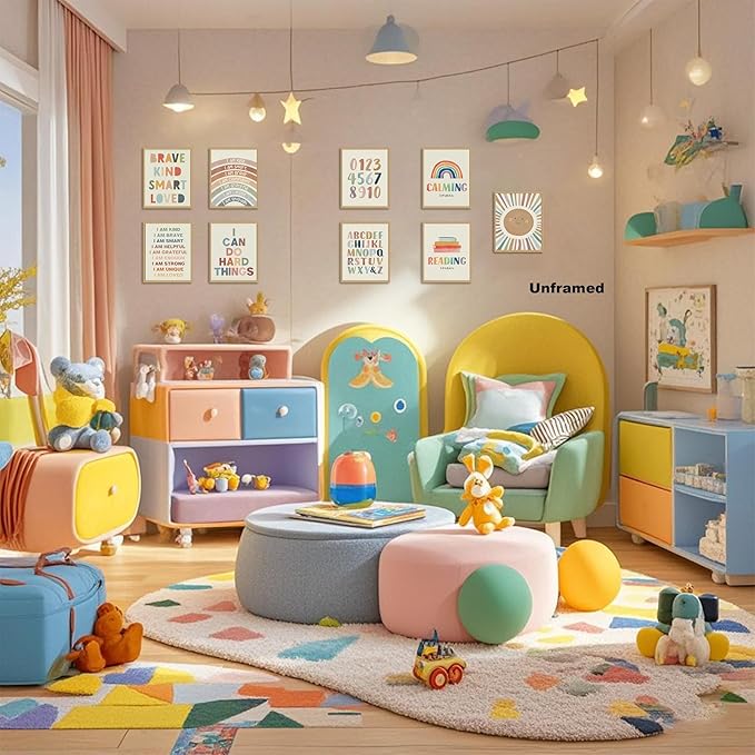 SEHSUVC Baby Alphabet 1 2 3 Wall Art Set of 9, Number Rainbow Canvas Posters Prints, Kids ABC Positive Affirmation Wall Decor Paintings for Kids Room Nursery Bedroom Home Decor 8x10In Unframed