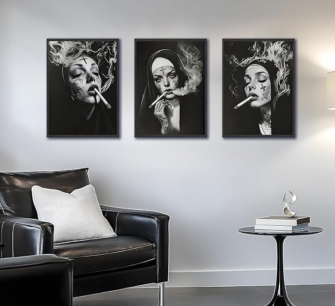 FJKLRP 3pcs Smoking Nun Wall Art Black and White Tattooed Woman Canvas Prints Poster Edgy Gothic Dark Aesthetic Wall Decor for Living Room Bedroom Studio Bar Unframed
