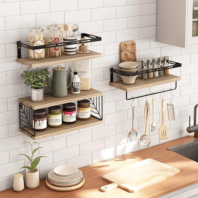 Fixwal Bathroom Shelves Over Toilet, Floating Shelves Wall Mounted with Metal Frame and Towel Bar for Bathroom, Kitchen, Bedroom, Living Room (3 Plus 1 Rustic Brown)