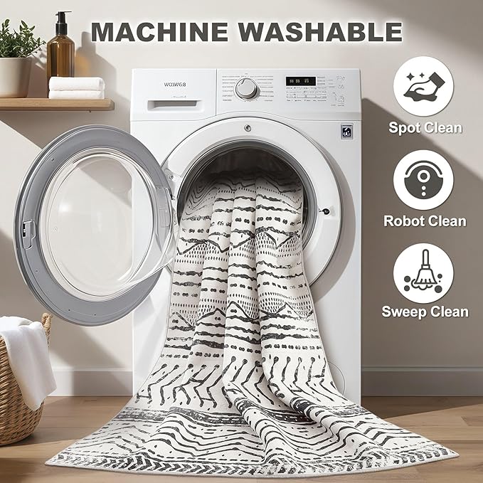Nakagishi Black Rug for Living Room: 7x9 Washable Boho Large Neutral Soft Farmhouse Area Rugs Stain Resistant Modern Geometric Non-Slip Indoor Floor Carpet for Bedroom Playroom Office Dining Room