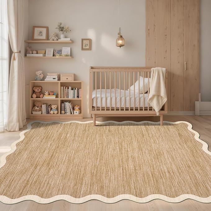 GarveeHome Scalloped Living Room Rug 5x7 Area Rug Washable Area Rug for Bedroom Modern Traditional Kids Rug Non Slip Throw Rugs Soft Low Pile Stain Resistant Carpet for Dining Room 5'x7' Light Brown
