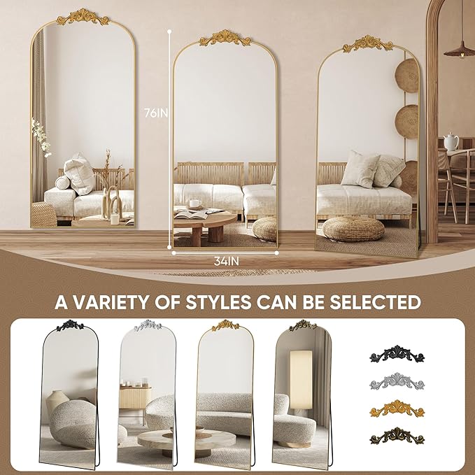Antok Arched Full Length Mirror, 76"x34" Floor Mirror with Carved, Full Body Mirrors for HomeDecor, Standing/Halling Large Wall Mirror for Bedroom, Living Room, Cloakroom, Gold, Retro Style