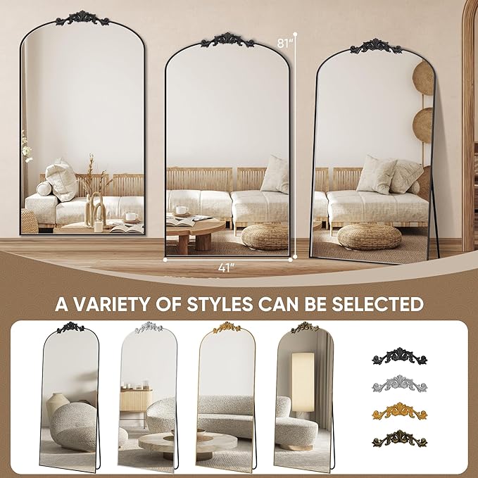 Antok Arched Full Length Mirror, 81"x41" Floor Mirror with Carved, Full Body Mirrors for HomeDecor, Standing/Halling Large Wall Mirror for Bedroom, Living Room, Cloakroom, Black, Retro Style
